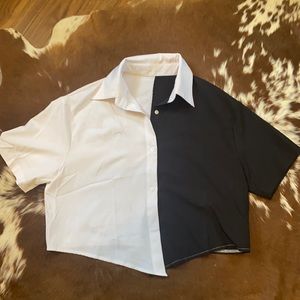 Black and White colorblock crop button down